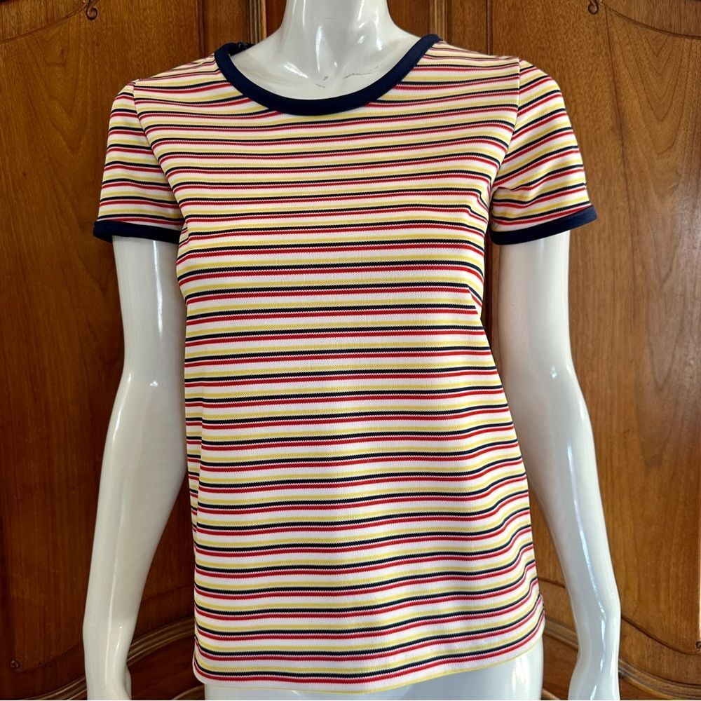 Vintage Top 60’s Stripe Polyester Shirt Short Sleeve Pullover Blouse Size M